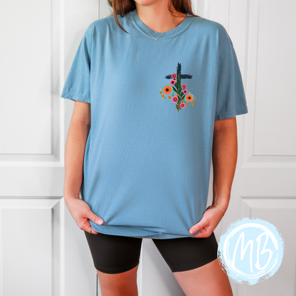 He Is Risen Floral Tee (Design on Back)