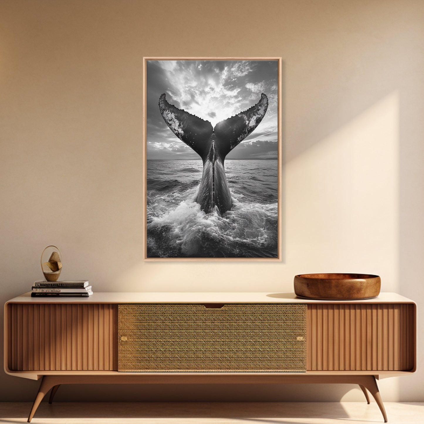 Whale Tail Splash, Ocean Sunset, Marine Majesty, Powerful Moment, Framed Canvas Print, Nautical Art, Coastal Living Room Decor