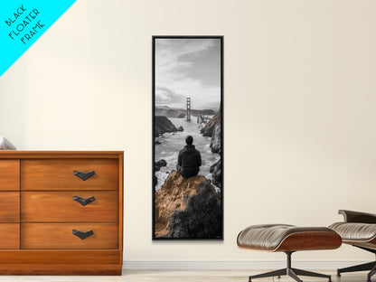 Golden Gate, Solitude View, Man on Cliff, Iconic Bridge, Framed Canvas Print, Travel Wall Art, Office Inspiration, Moody Coastal Decor