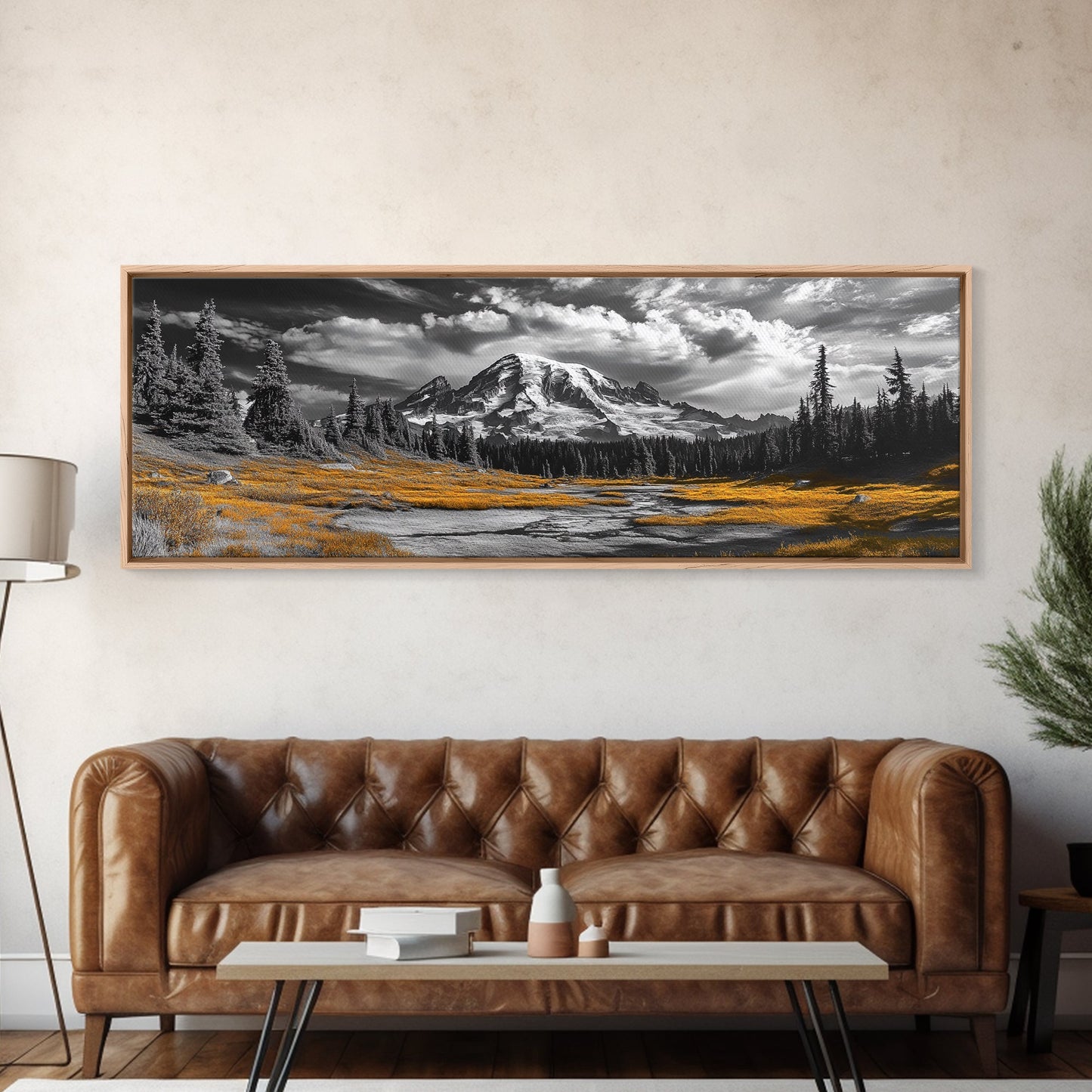 Majestic Mountain Scene, Snow Peaks and Meadows, Alpine Wilderness View, Framed Canvas Print, Cabin Wall Decor, Nature Wall Art