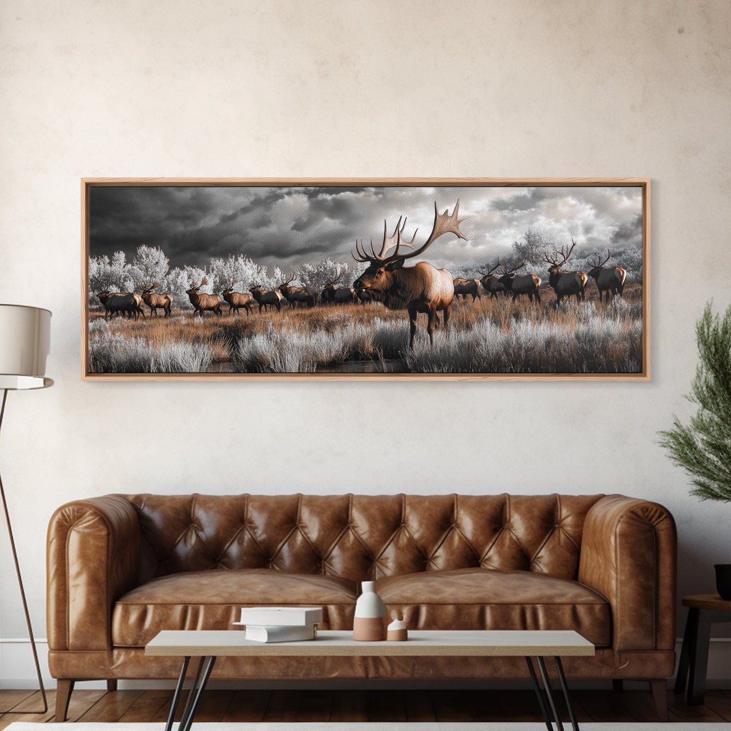 Elk Herd, Majestic Wildlife, Autumn Landscape, Framed Canvas Print, lodge decor, rustic mountain wall art, moody nature canvas