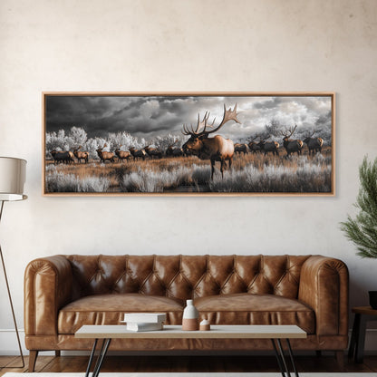 Elk Herd, Majestic Wildlife, Autumn Landscape, Framed Canvas Print, lodge decor, rustic mountain wall art, moody nature canvas