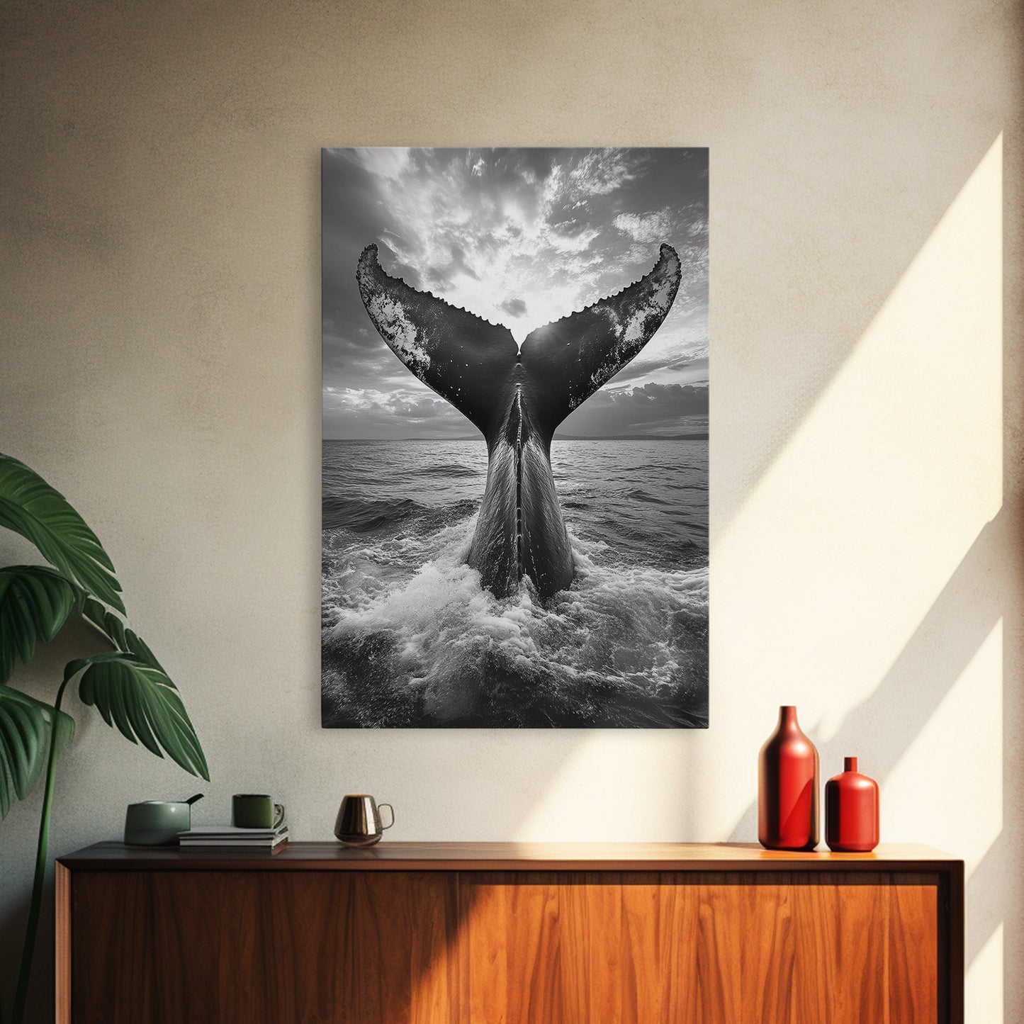 Whale Tail Splash, Ocean Sunset, Marine Majesty, Powerful Moment, Framed Canvas Print, Nautical Art, Coastal Living Room Decor