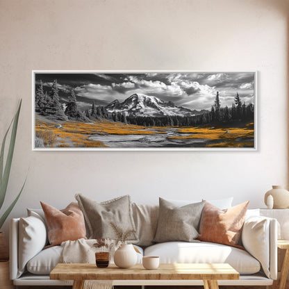 Majestic Mountain Scene, Snow Peaks and Meadows, Alpine Wilderness View, Framed Canvas Print, Cabin Wall Decor, Nature Wall Art