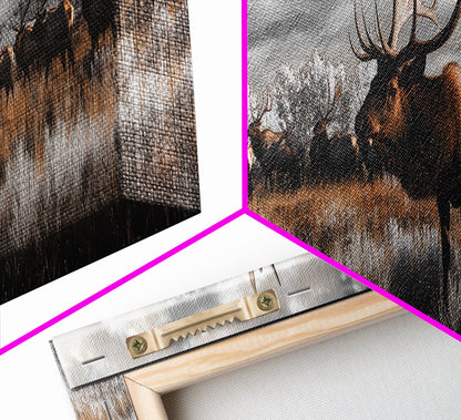 Elk Herd, Majestic Wildlife, Autumn Landscape, Framed Canvas Print, lodge decor, rustic mountain wall art, moody nature canvas