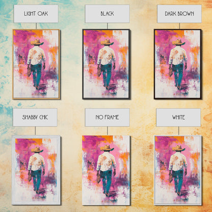 Cowboy Walking, chicano art, western aesthetic, rustic wall art, farmhouse art, moody art, bold colors, Framed Canvas Print