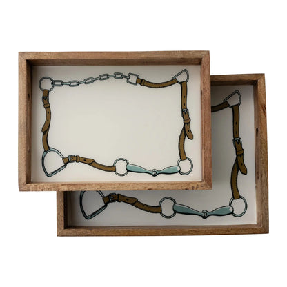 Huntley Equestrian Bridle and Bit Wooden Serving Tray, White-Equestrian Home Decor