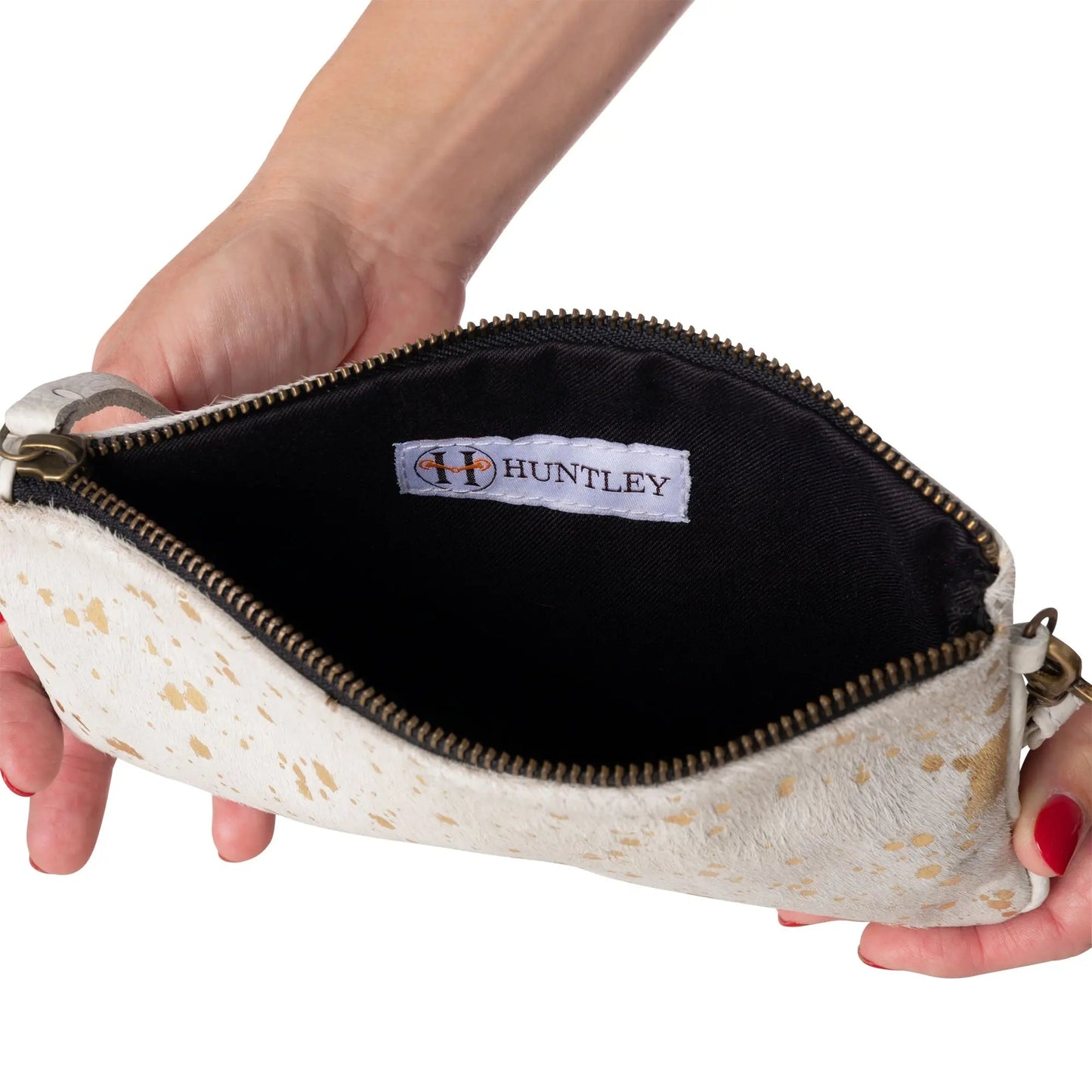 Huntley Equestrian Hair on Hide Leather Wristlet Clutch Wallet Purse, Golden Foil