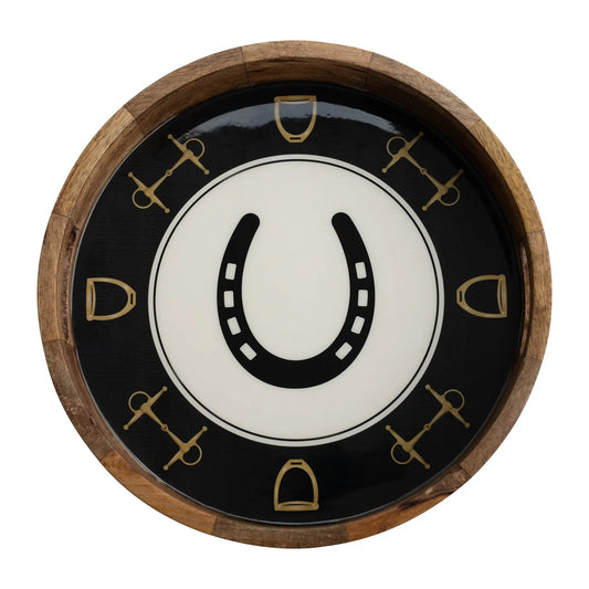 Huntley Equestrian Horsehoe and Bit Round Wooden Tray-Black and Gold Equestrian Home Decor