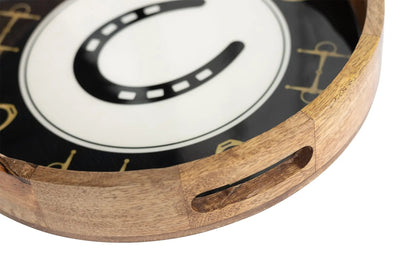 Huntley Equestrian Horsehoe and Bit Round Wooden Tray-Black and Gold Equestrian Home Decor