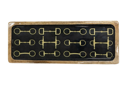 Huntley Equestrian Snaffle Big Long Wooden Serving Tray-Black and Gold Equestrian Home Decor