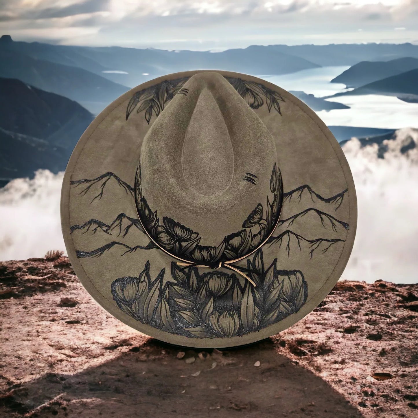 Ridges & Roses- Burned Wide Brim Hat