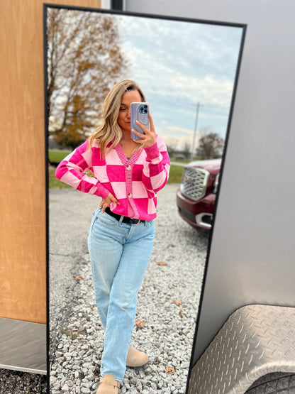 Checkered Drop Shoulder Buttoned V Neck Cardigan