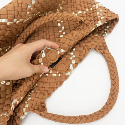 The Charli | Large Woven Neoprene Tote with Wristlet | Almond with Gold Stripe