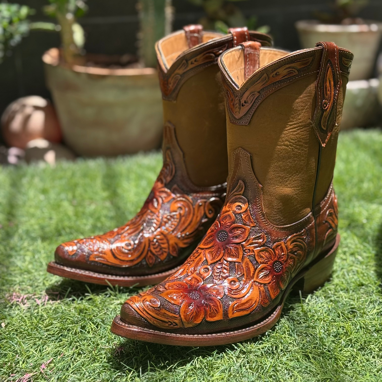 Women's Texan Handtooled Bootie - Flower Bitone
