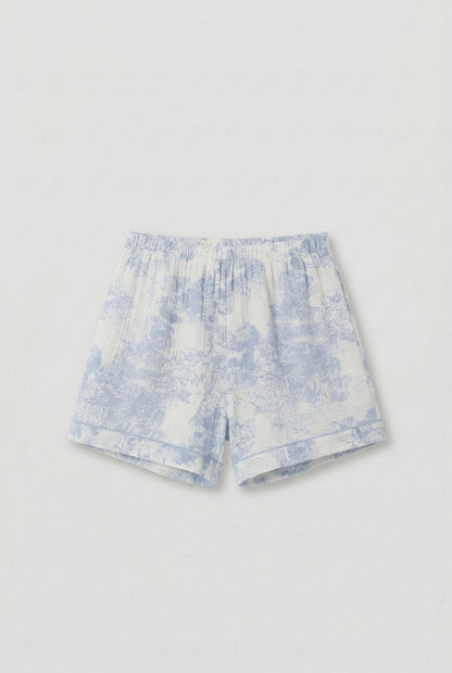French Cottage Short Sleeves and Shorts Cotton Pajama Set / Blue
