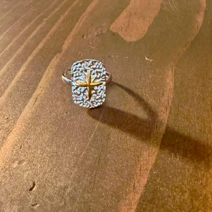 waterproof mixed metal hammered cross ring
