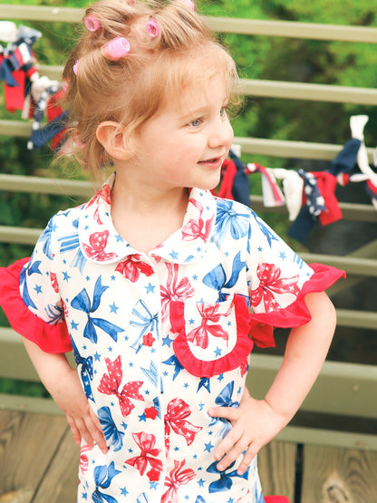 4th Of July Bow Star Girls Pajamas Set