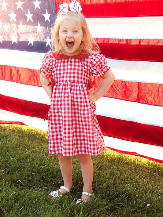4th of July Flag Plaid Girl Peter Pan Collar Dress Bow