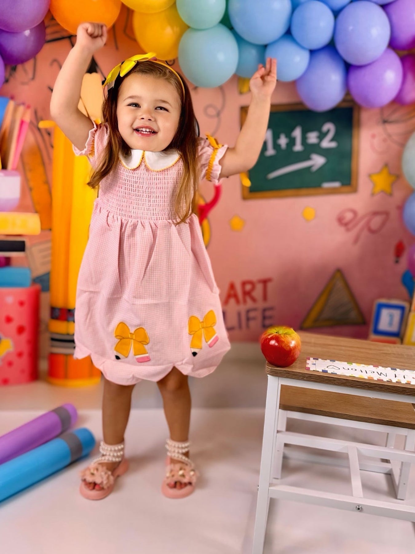Girls Back To School Pencil Twirl Dress Bow Applique Smocked