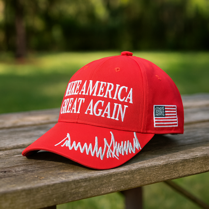 MAGA Baseball Cap with Silver Trump Signature Bill ‒ Patriotic Red Snapback Hat for Men & Women / Trump 45-47