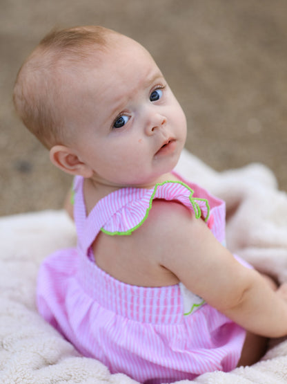 Turtle Girls Romper Pink Stripe Ruffle Strap Smocked
