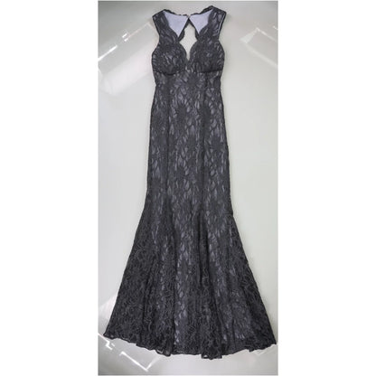 Morgan and Co Womens Scalloped Lace Gown Dress, Blue, 1/2