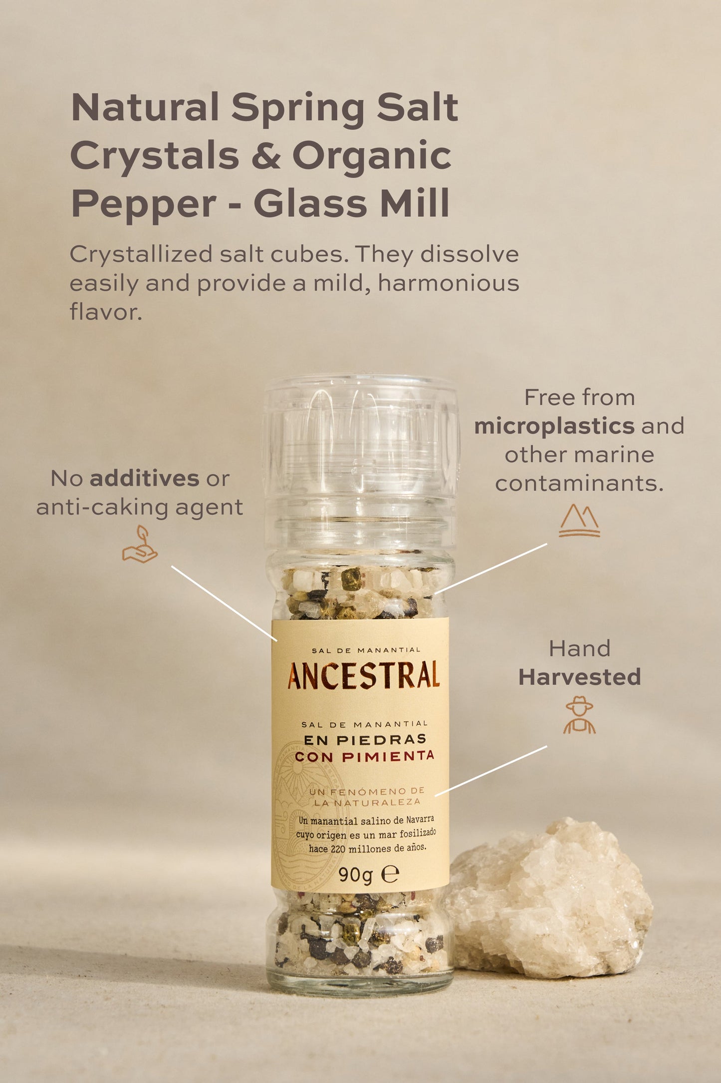 Natural Spring Salt Crystals & Organic Pepper - Glass Mill