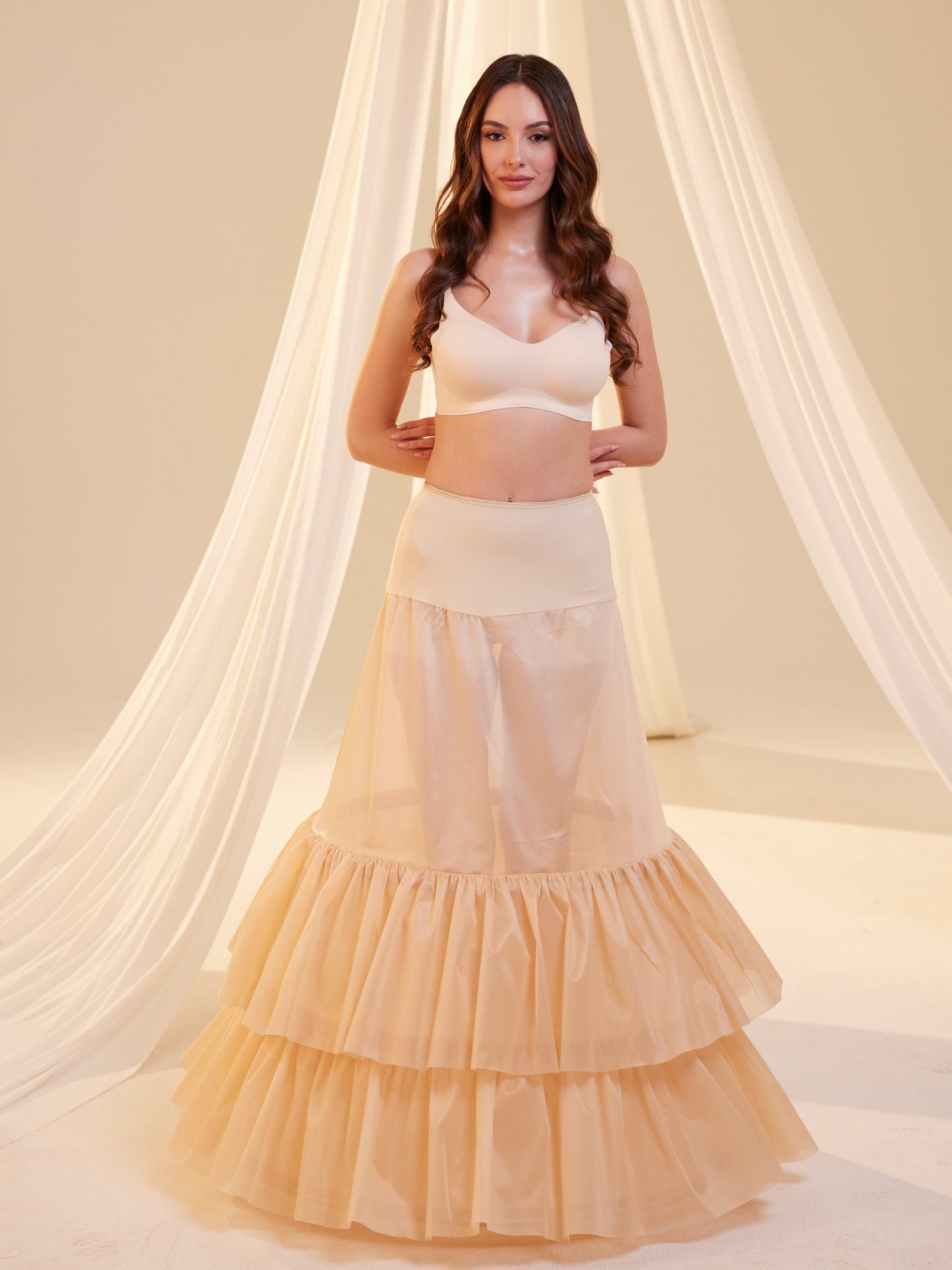 Nude Trumpet Petticoat Skirt  with  Waist Corsage and 3 Hoops , Bridal Crinoline Slip