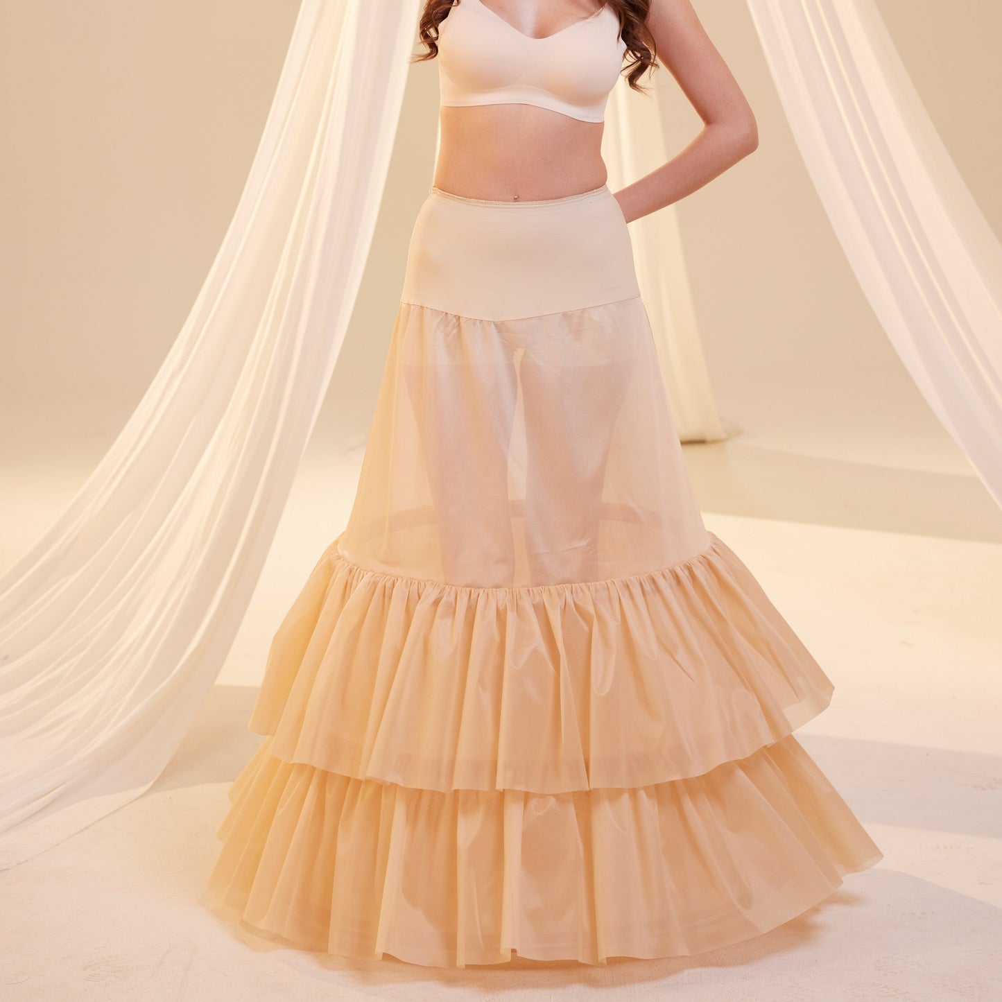 Nude Trumpet Petticoat Skirt  with  Waist Corsage and 3 Hoops , Bridal Crinoline Slip