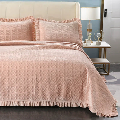 Export High-Grade Flannel Three-Piece Bed Cover Set Milk Fiber European Quilted Quilted Bed Sheet One Side Velvet One Side Pure Cotton