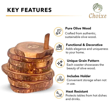Olive Wood Coaster Set with Holder -7 Pcs