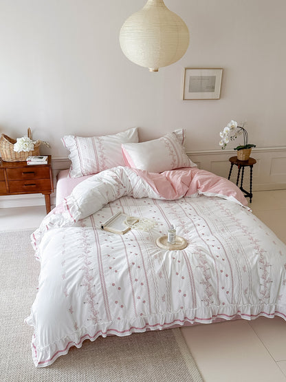 Embroidered French Lace Ruffle Bedding Set / Pink
