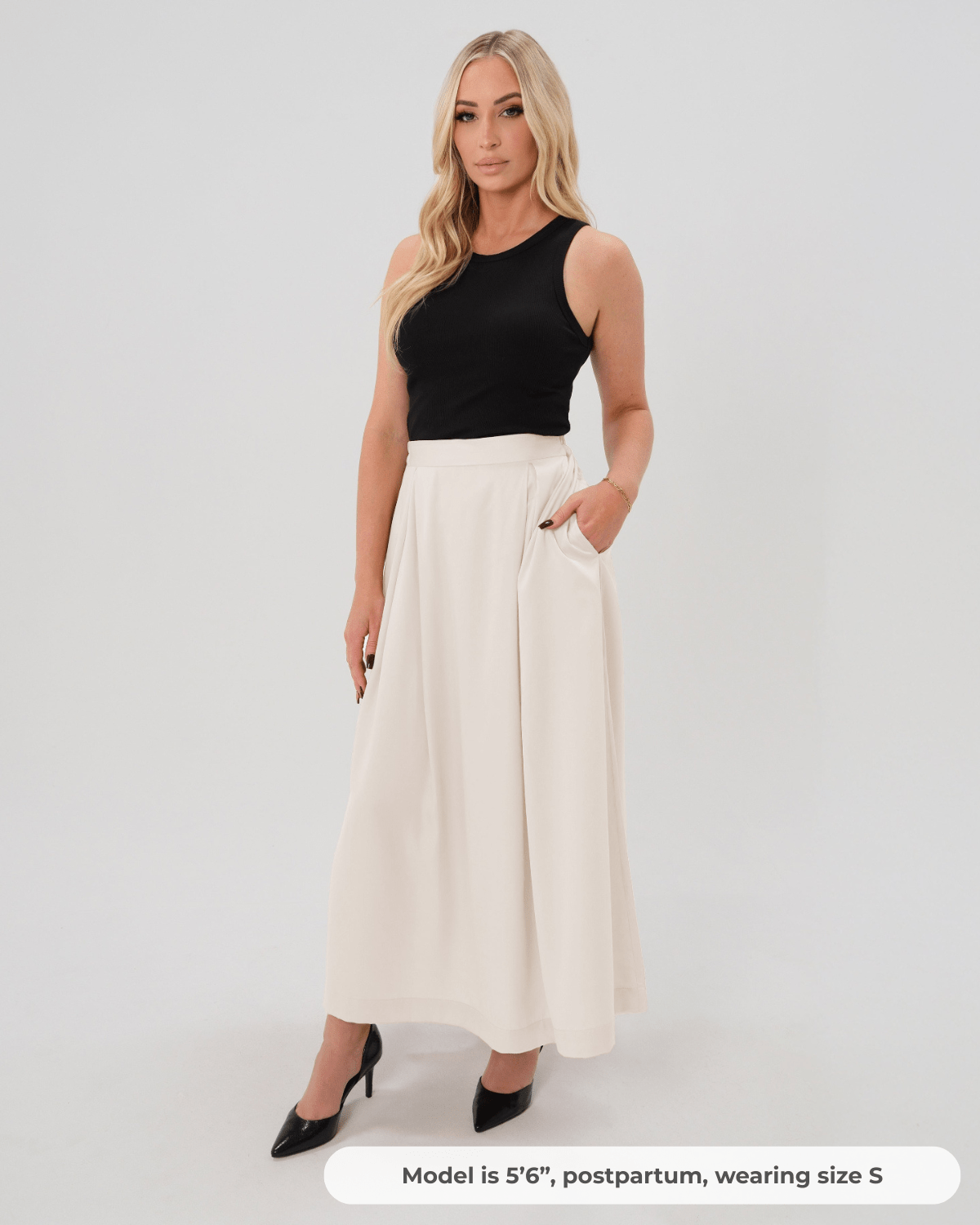 Pleated Maternity Maxi Skirt in Cream Satin | Over/Under Bump