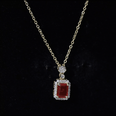 Emerald Cut Fire Opal Vintage Necklace with Diamond