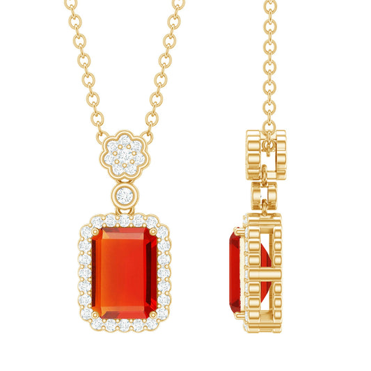 Emerald Cut Fire Opal Vintage Necklace with Diamond