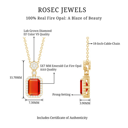 Emerald Cut Fire Opal Vintage Necklace with Diamond