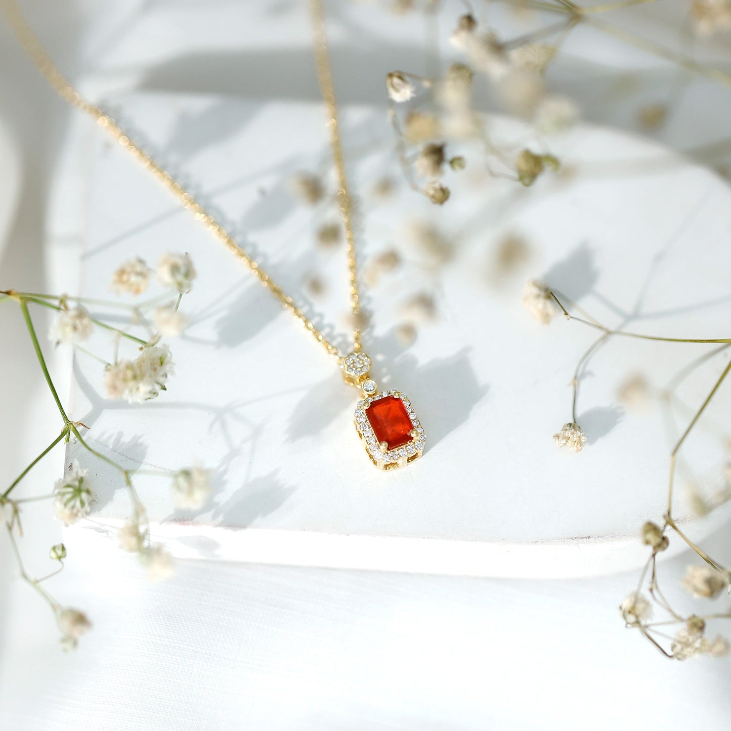 Emerald Cut Fire Opal Vintage Necklace with Diamond