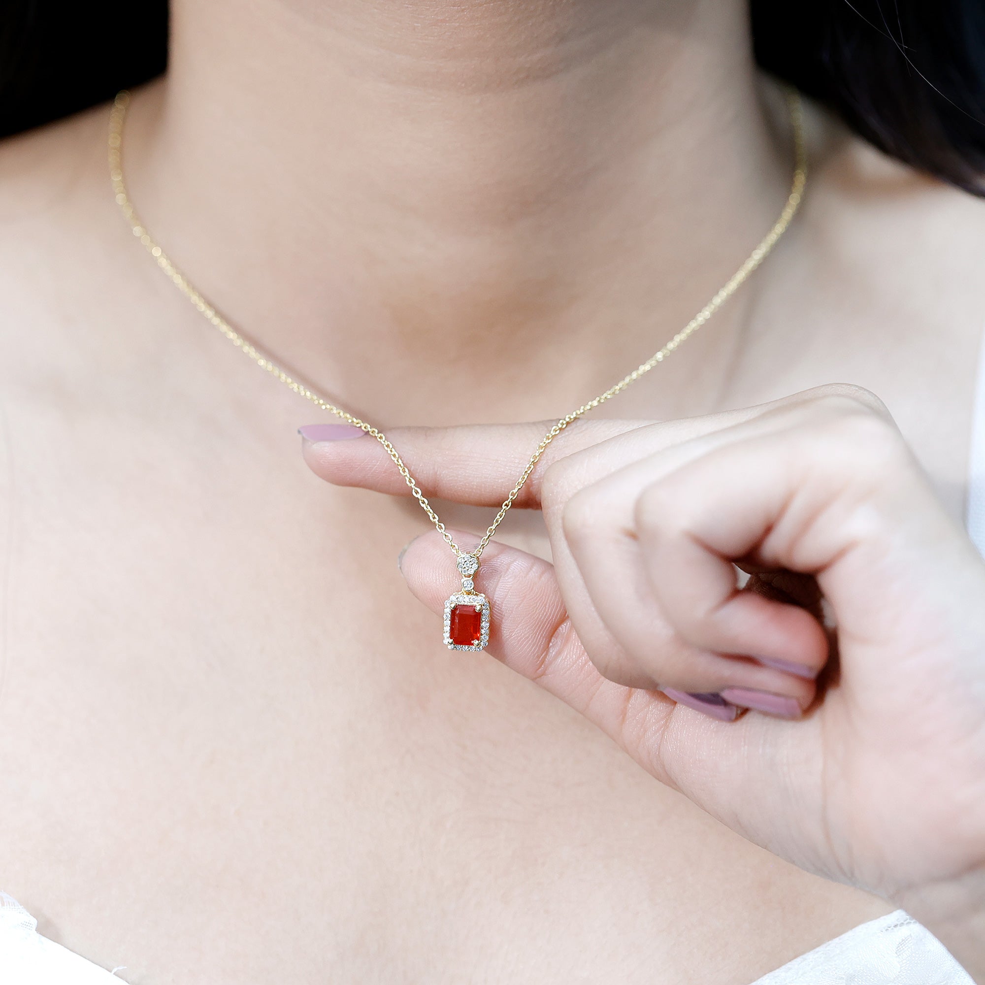 Emerald Cut Fire Opal Vintage Necklace with Diamond