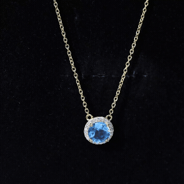 Swiss Blue Topaz and Diamond Halo Necklace With Silver Chain