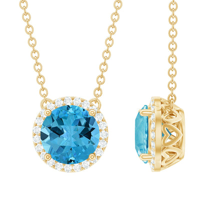 Swiss Blue Topaz and Diamond Halo Necklace With Silver Chain