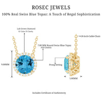 Swiss Blue Topaz and Diamond Halo Necklace With Silver Chain