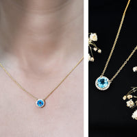 Swiss Blue Topaz and Diamond Halo Necklace With Silver Chain