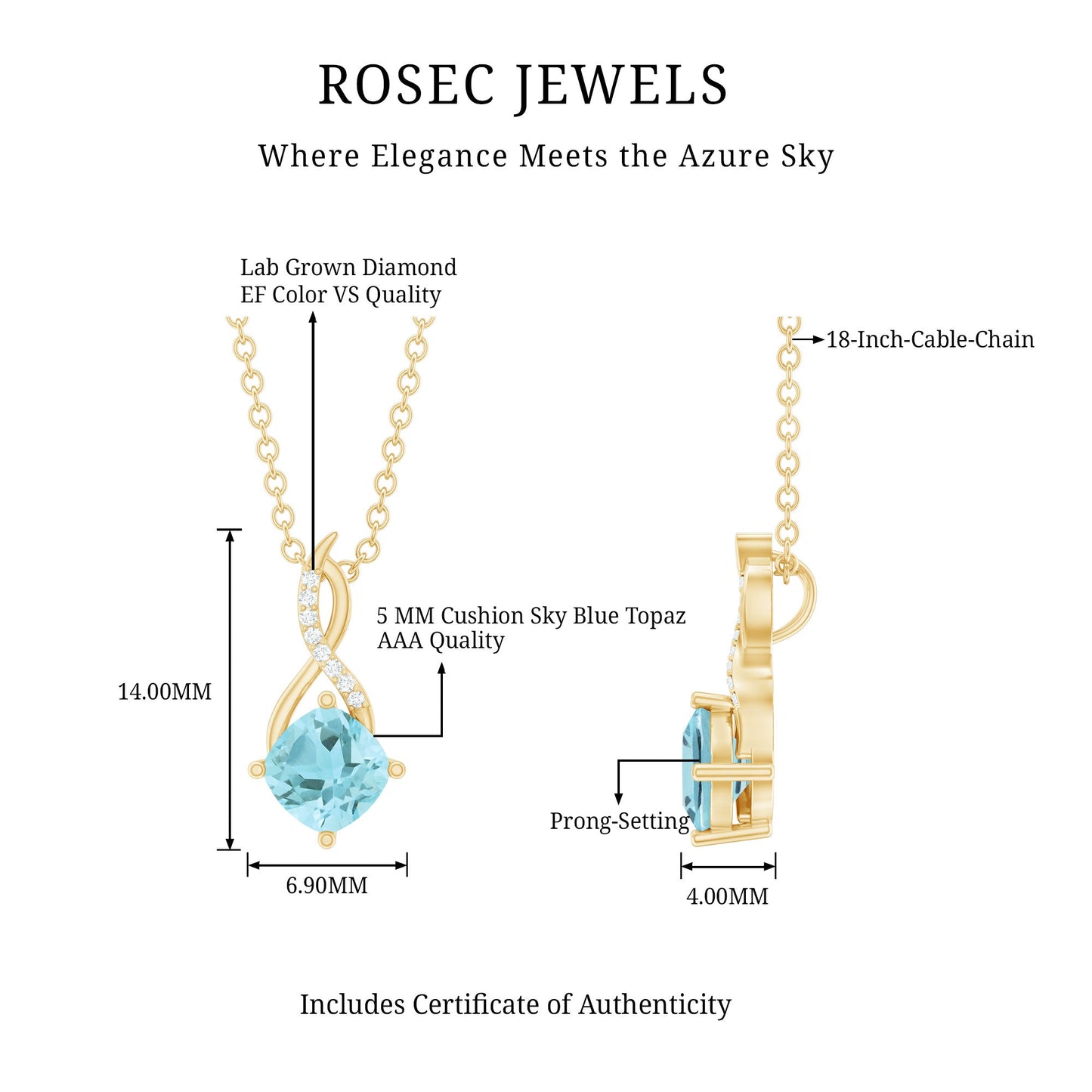 Cushion Cut Sky Blue Topaz Infinity Necklace with Silver Chain