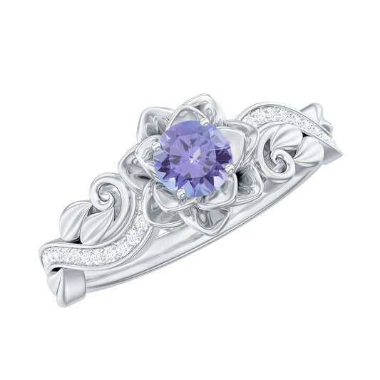Certified Tanzanite and Diamond Flower Engagement Ring in Silver