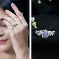 Certified Tanzanite and Diamond Flower Engagement Ring in Silver