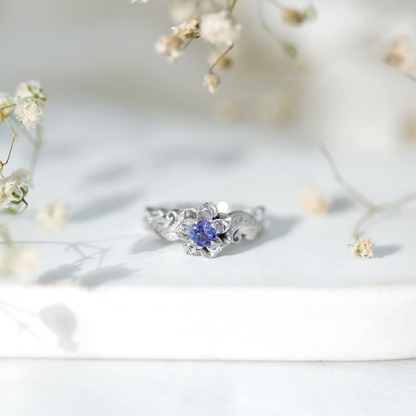 Certified Tanzanite and Diamond Flower Engagement Ring in Silver