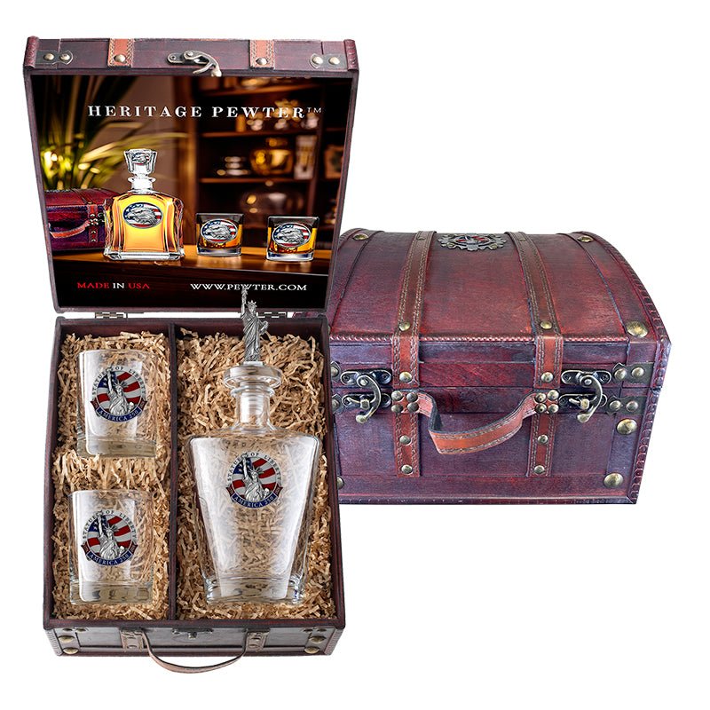 America's 250th Anniversary Statue of Liberty Royal Decanter with 3D Top and 2 Glasses with Chest Box