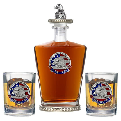 America's 250th Anniversary Eagle Head with Flag Royal Decanter w/ Eagle Head 3D Top-Diamond Accents & 2 Glasses