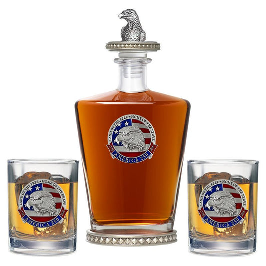 America's 250th Anniversary Eagle Head with Flag Royal Decanter w/ Eagle Head 3D Top-Diamond Accents & 2 Glasses